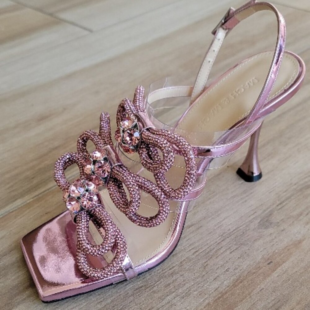 MACH & MACH Sandals 95mm Pink Crystal-Embellished Slides Triple-Bow Mules Eur 37